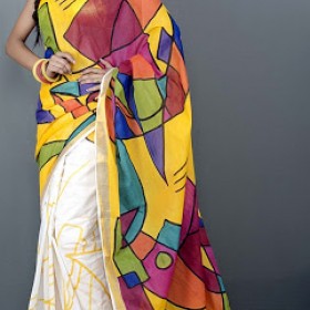 Fusion Hand Painted Design Kerala Saree 