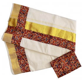 Kerala Kasavu Settu Saree With Kalamkari Border