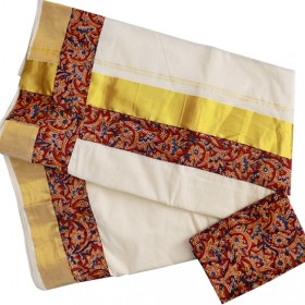 Kerala Kasavu Settu Saree With Kalamkari Border