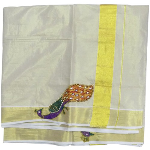 Kerala Peacock patch Kasavu Saree