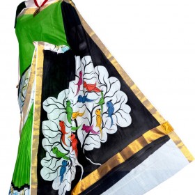 Kerala Kasavu Saree with Love Birds Hand Painting