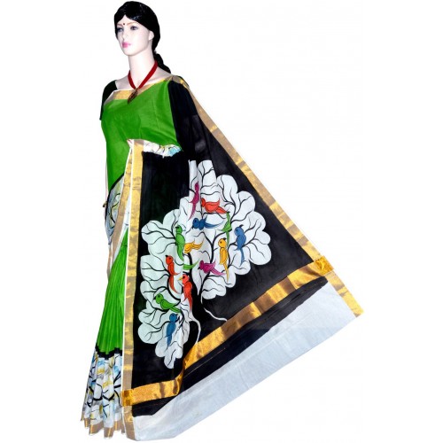 Kerala Kasavu Saree with Love Birds Hand Painting