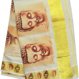 Buddha Print Kasavu Saree