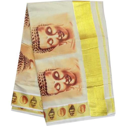 Buddha Print Kasavu Saree