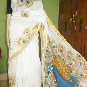 Kerala Saree Hand Painted Dancing Peacock