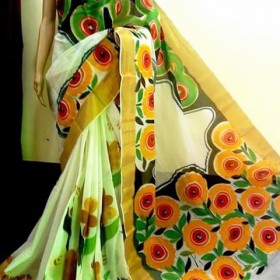 Floral Hand Painted Traditional Kerala Kasavu Saree