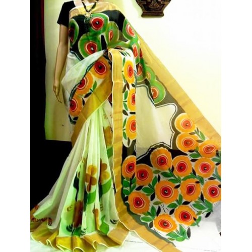 Floral Hand Painted Traditional Kerala Kasavu Saree