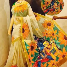 Kerala Saree with flower Radha Krishna Painted