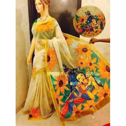 Kerala Saree with flower Radha Krishna Painted