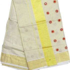 Flower Mirror Work Kasavu Saree