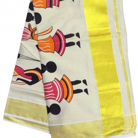 Folk Print Tissue Kasavu Saree