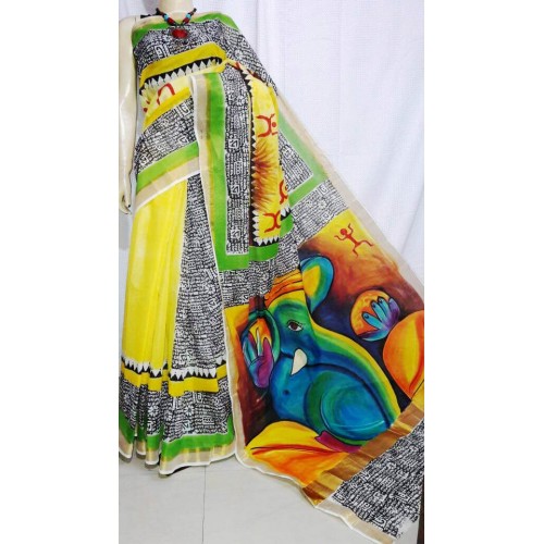 Ganapathi Hand Painted Kerala saree