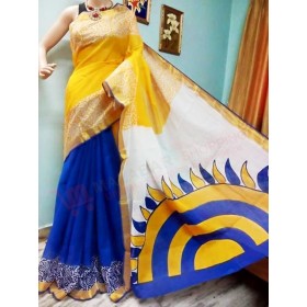 Konark Sun design Hand Painted Kasavu Saree