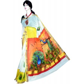 Hand Painted Kasavu Saree With Natural Peacock Design