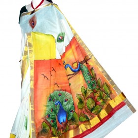 Hand Painted Kasavu Saree With Natural Peacock Design