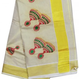 Kerala Kasavu Saree Jhumka Embroidery