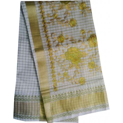 Kerala Traditional Checked Embroidery Kasavu Saree