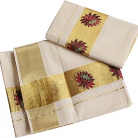 Kerala Floral Embroidery Kasavu Mundu