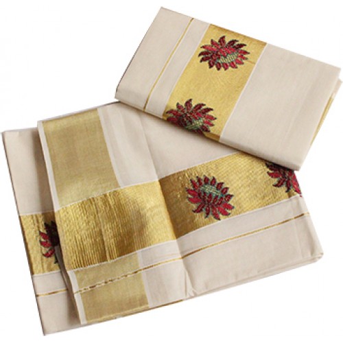 Kerala Floral Embroidery Kasavu Mundu