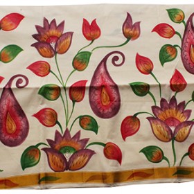 Kerala Mural Flower Print Kasavu Saree