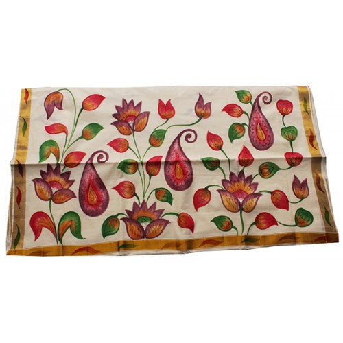 Kerala Mural Flower Print Kasavu Saree