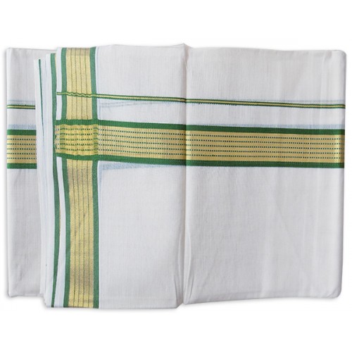 Kerala Green Golden Striped Kasavu Double Mundu