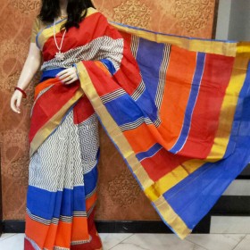 Kerala Hand Painted Saree With Contrasting Color