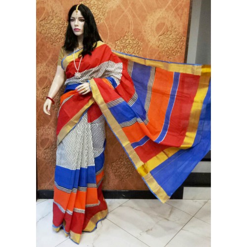 Kerala Hand Painted Saree With Contrasting Color