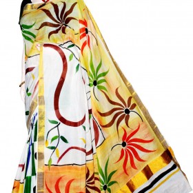 Kerala Kasavu Floral Hand Painted Saree