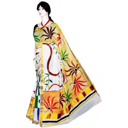 Kerala Kasavu Floral Hand Painted Saree