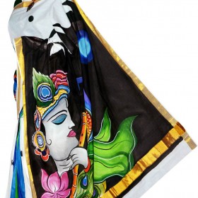 Kerala Kasavu Krishna Hand Painted Saree