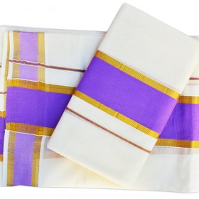 Kerala Kasavu set Mundu with Violet Brocade