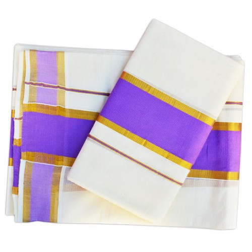 Kerala Kasavu set Mundu with Violet Brocade