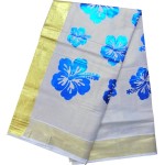 Kerala Trendy Floral Design Kasavu Saree