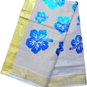 Kerala Trendy Floral Design Kasavu Saree