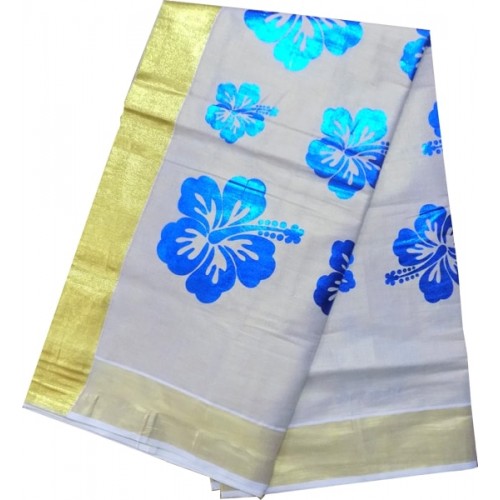 Kerala Trendy Floral Design Kasavu Saree