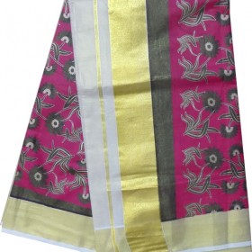 Kerala Simple Flower Design Kasavu Saree