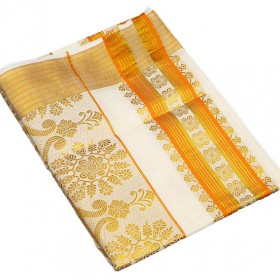 Kerala Kasavu Saree with Golden and Orange Brocade