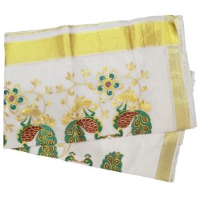 Kerala Kasavu Saree with Peacock Embroidery Design