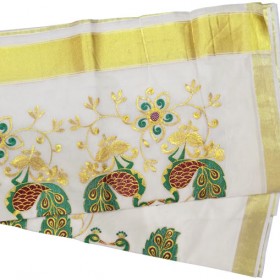 Kerala Kasavu Saree with Peacock Embroidery Design