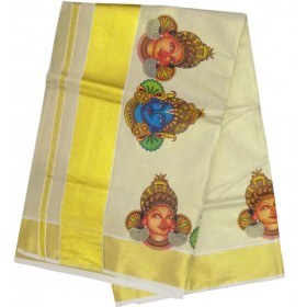 Radhakrishna Tissue Mural Print Kasavu Saree