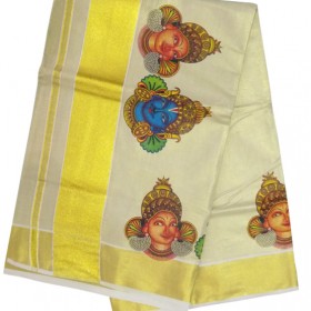 Radhakrishna Tissue Mural Print Kasavu Saree