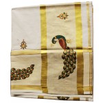 Kerala Peacock Embroidery Kasavu Saree