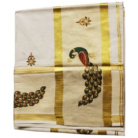 Kerala Peacock Embroidery Kasavu Saree