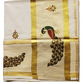 Kerala Peacock Embroidery Kasavu Saree