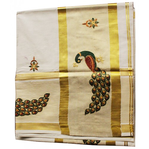 Kerala Peacock Embroidery Kasavu Saree