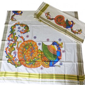 Kerala Settu Mundu Having Peacock Mural Print