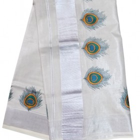 Kerala Silver Tissue Saree Mayil Peeli Design