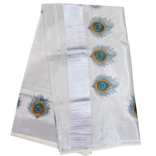 Kerala Silver Tissue Saree Mayil Peeli Design