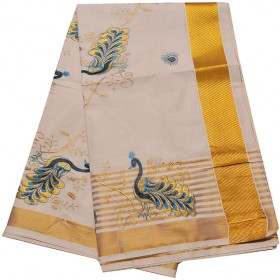 Kerala Special Peacock Embroidery Kasavu Saree